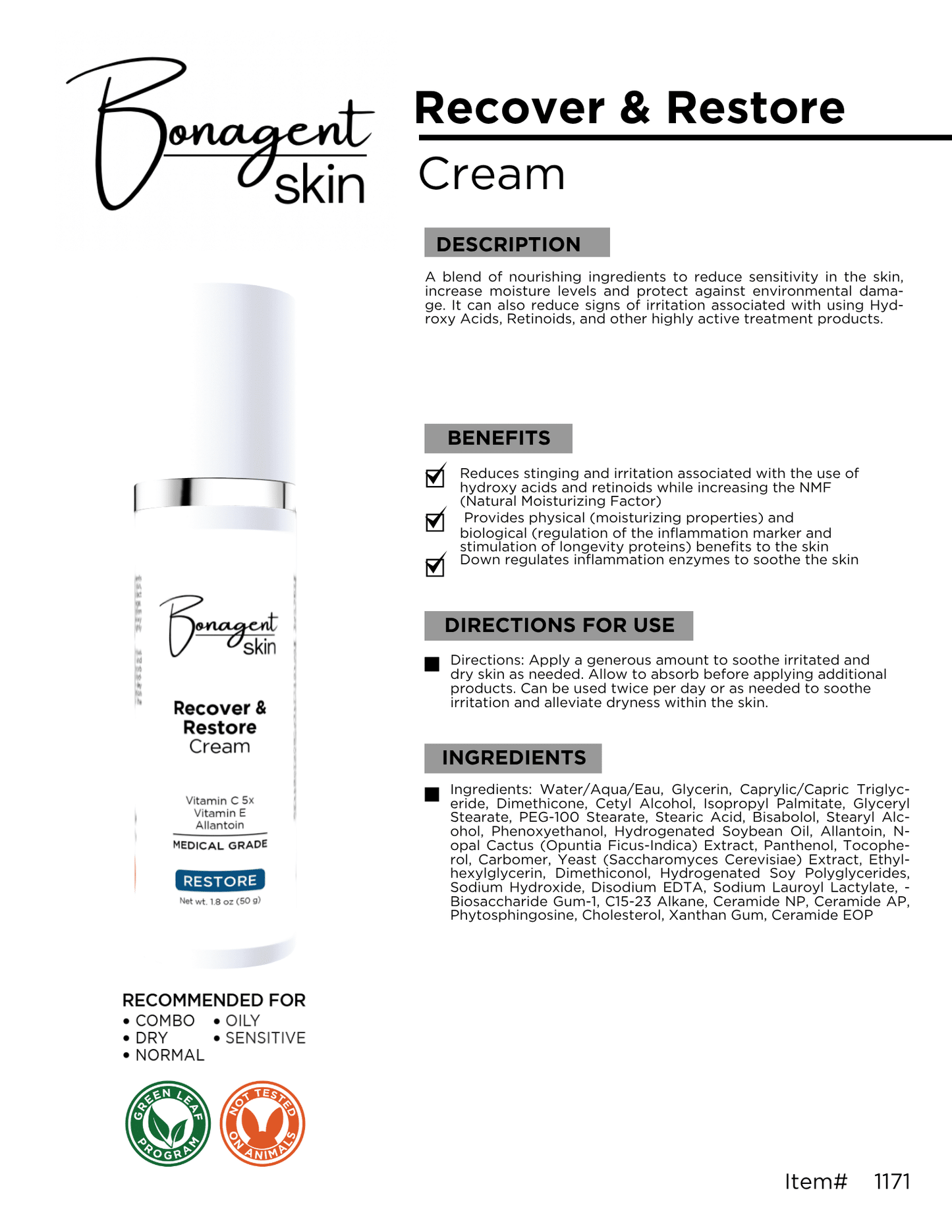 Recover & Restore Cream by Bonagent Skin